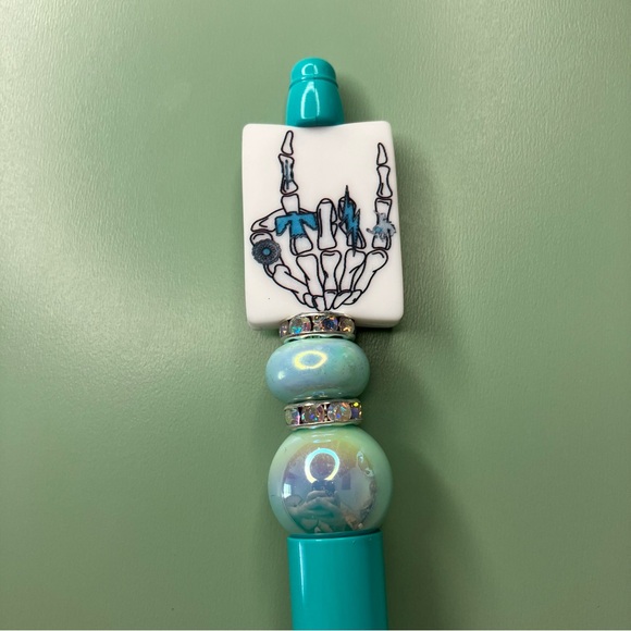 Skeleton Hand Wearing Turquoise Rings Handmade Beaded Pen - Picture 2 of 6